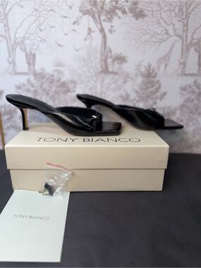 Tony Bianco Asar Sandal in Black Hi Shine leather square toe slip-on